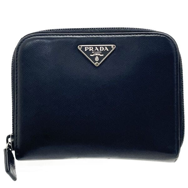 PRADA Saffiano Leather Triangle Folded Wallet in Black with Logo