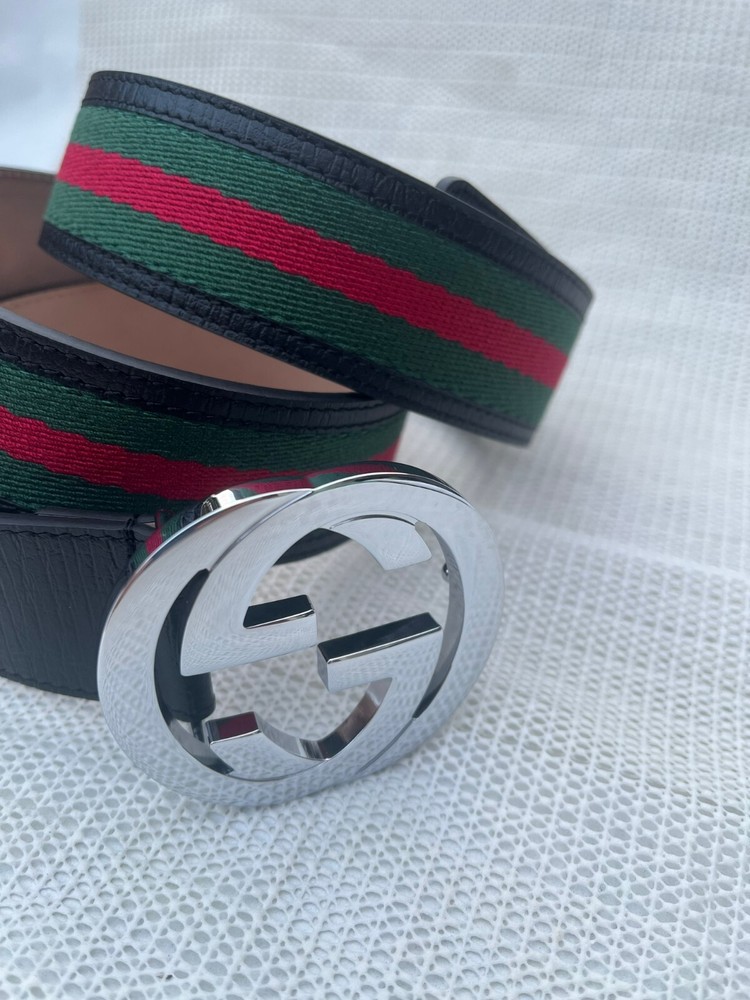 Gucci GG Silver Buckle Web Belt Black Green Red 115cm Fits 40W