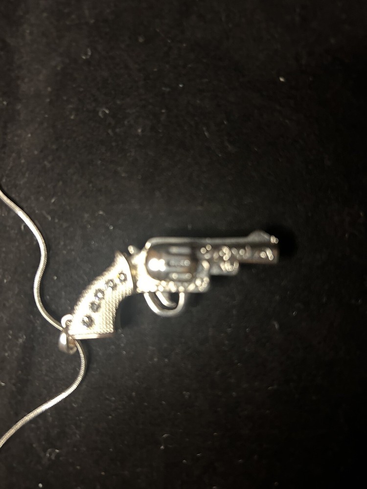 Silver necklace w a revolver gun charm with rhinestones In handle w Gift Box12J