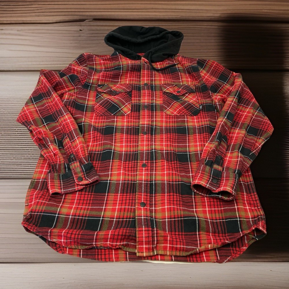 Vans Men’s M Medium Red Beige Flannel Plaid Pearl Snap Button Down Pocket Hoodie