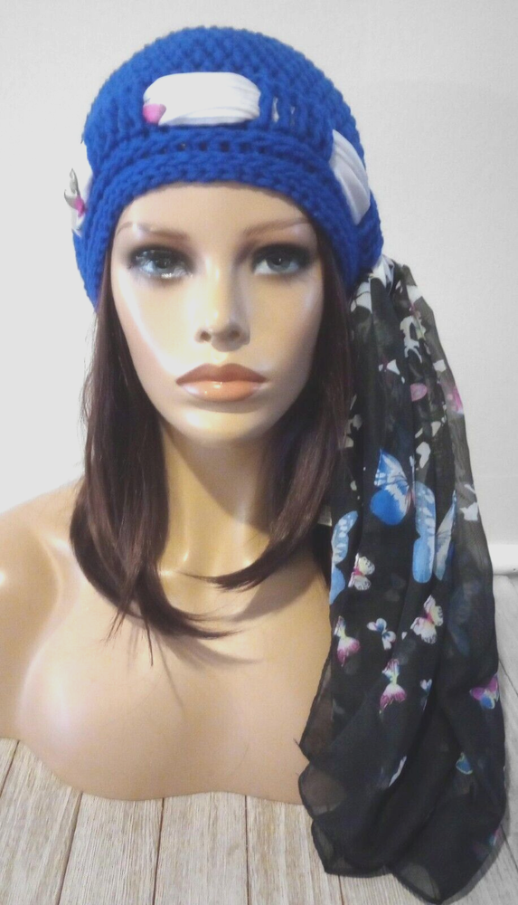 crochet handmade  womans butterfly scarf hat chemo  blue USA made