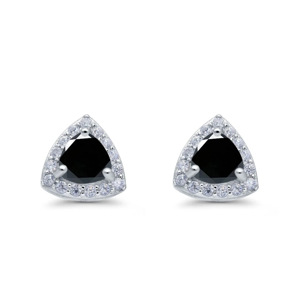 Exquisite Onyx Trillion Halo Stud Earrings in Solid Sterling Silver