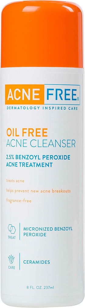 Acne Free Oil-Free Cleanser, Benzoyl Peroxide 2.5% with Glycolic Acid, 8 Fl Oz