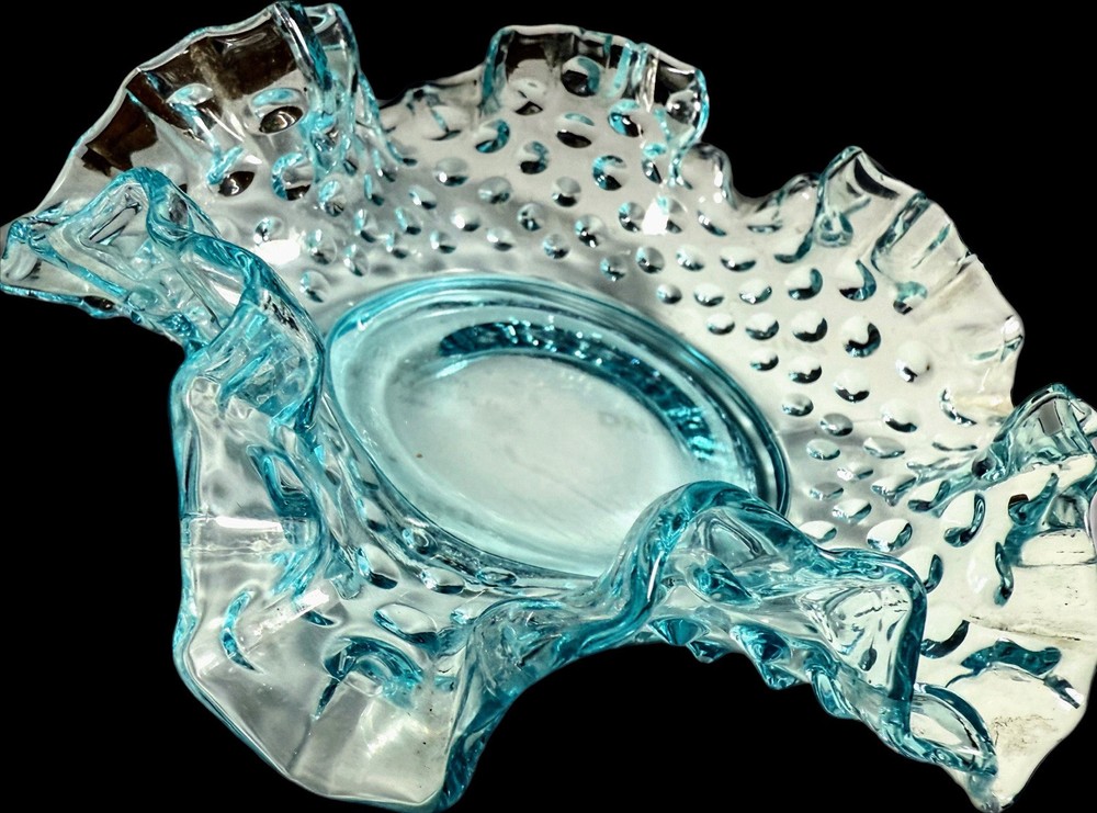 Vintage Fenton Aqua Blue Hobnail Opalescent Ruffled Candy Nut Bowl Trinket Dish  
