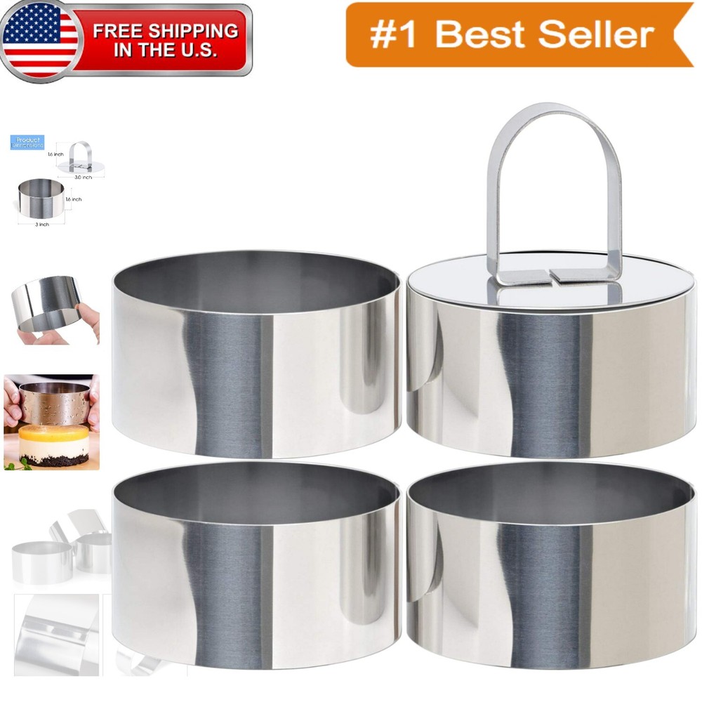 Versatile 4-Piece Round Baking Ring Set with Non-Stick Surface & Arched Handle