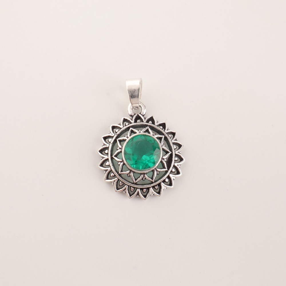Sterling Silver Emerald Gemstone Bezel Pendant for Mother or Engagement  