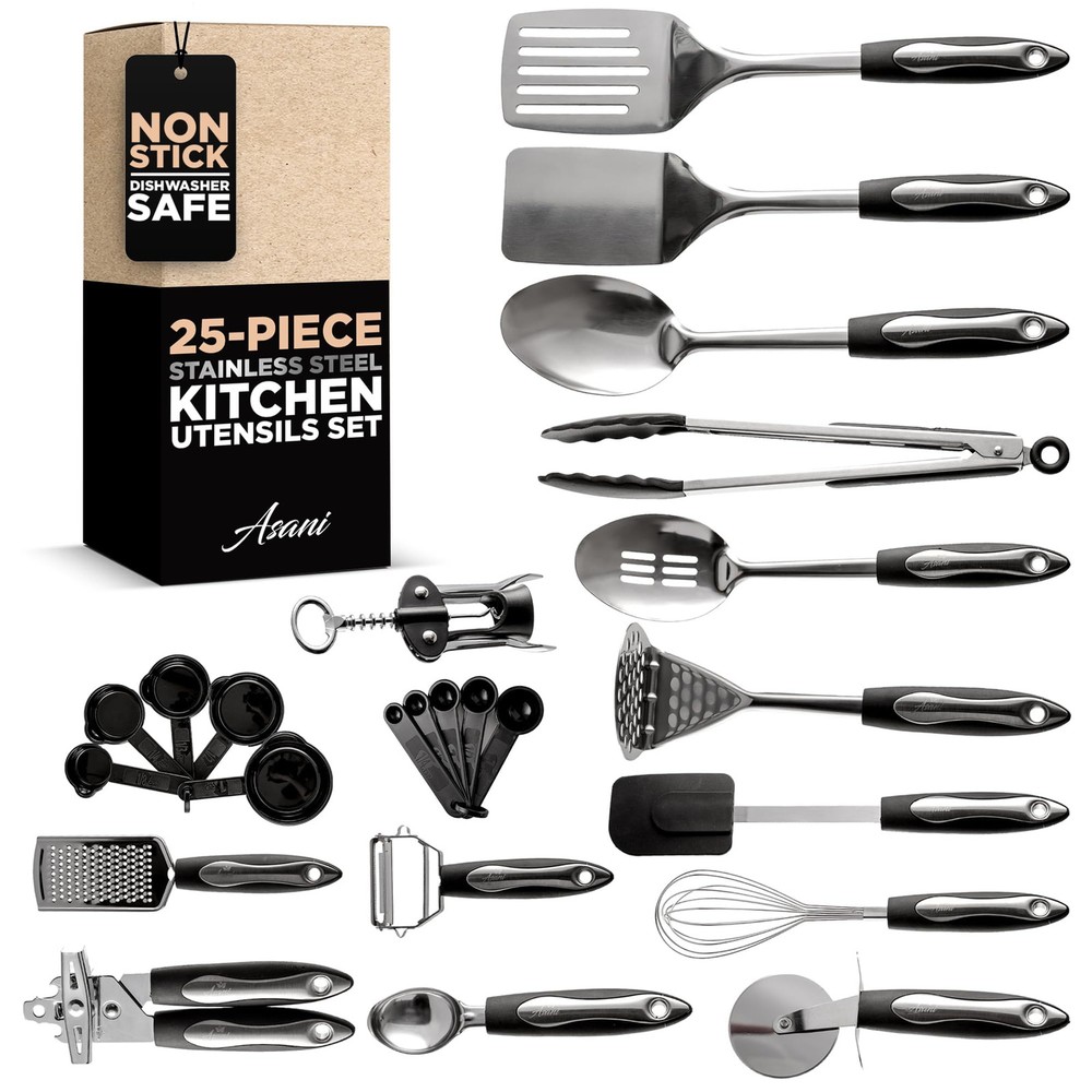 25-Piece Stainless Steel Kitchen Utensil Set | Non-Stick Cooking Gadgets and ...