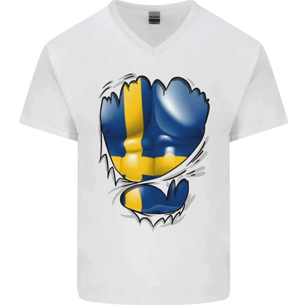 Gym Swedish Flag Ripped Muscles Sweden Mens V-Neck Cotton T-Shirt