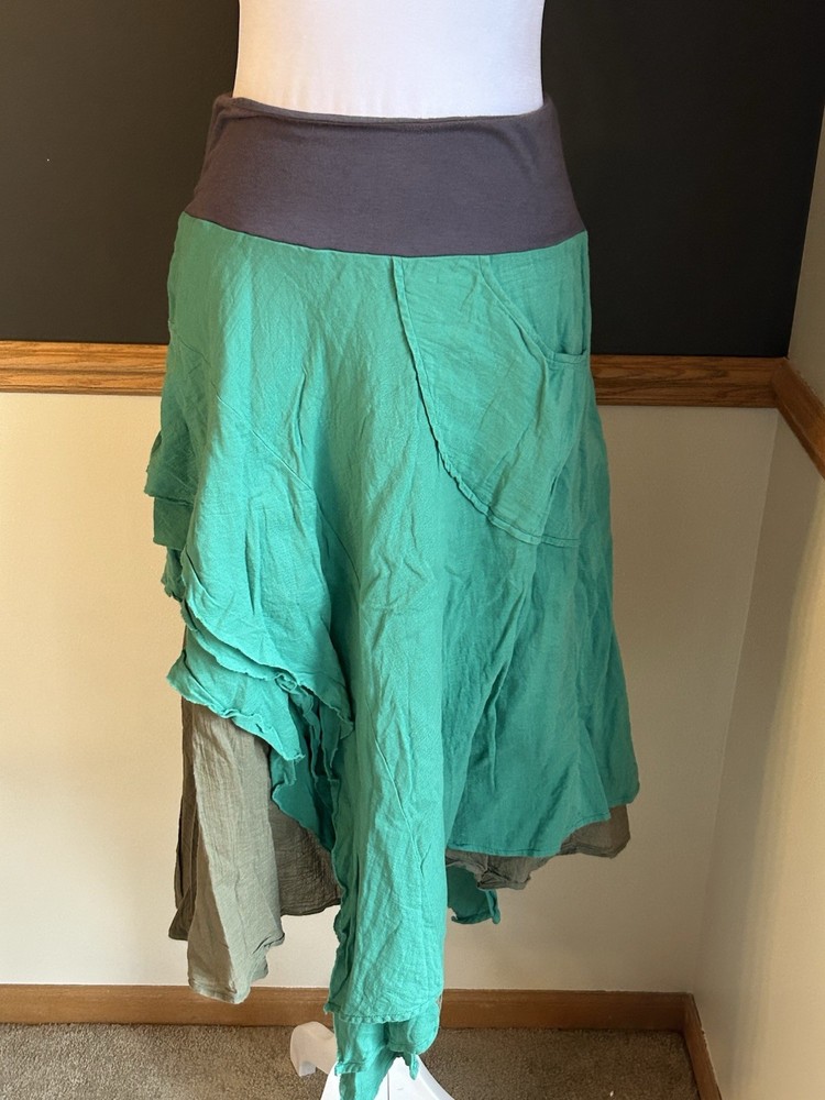 Aimee G Tiered Midi Skirt Boho Green Brown Size Medium