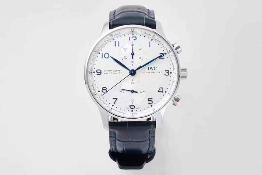 IWC Portuguese Chronograph 42mm White Dial Blue Hands Black Leather Strap