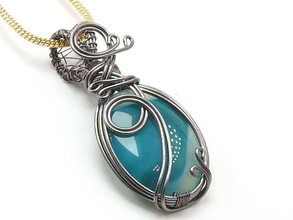Green Strip Agate Brass Pendant Silver Oxidised Polished Wire Wrapped Jewelry