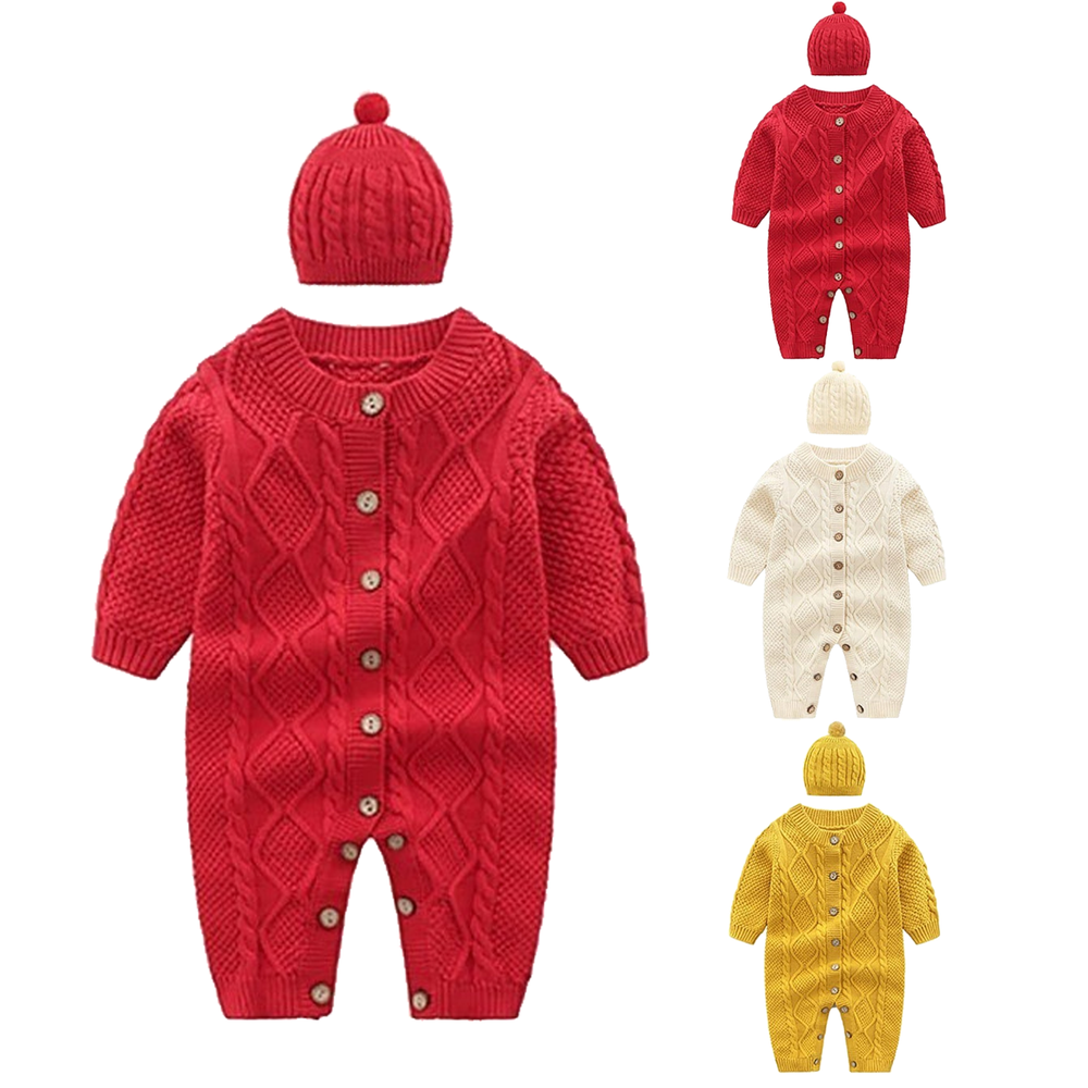 Baby Newborn Boy Girls Knitted Sweater Romper Cotton Longsleeve Outfit with Hats