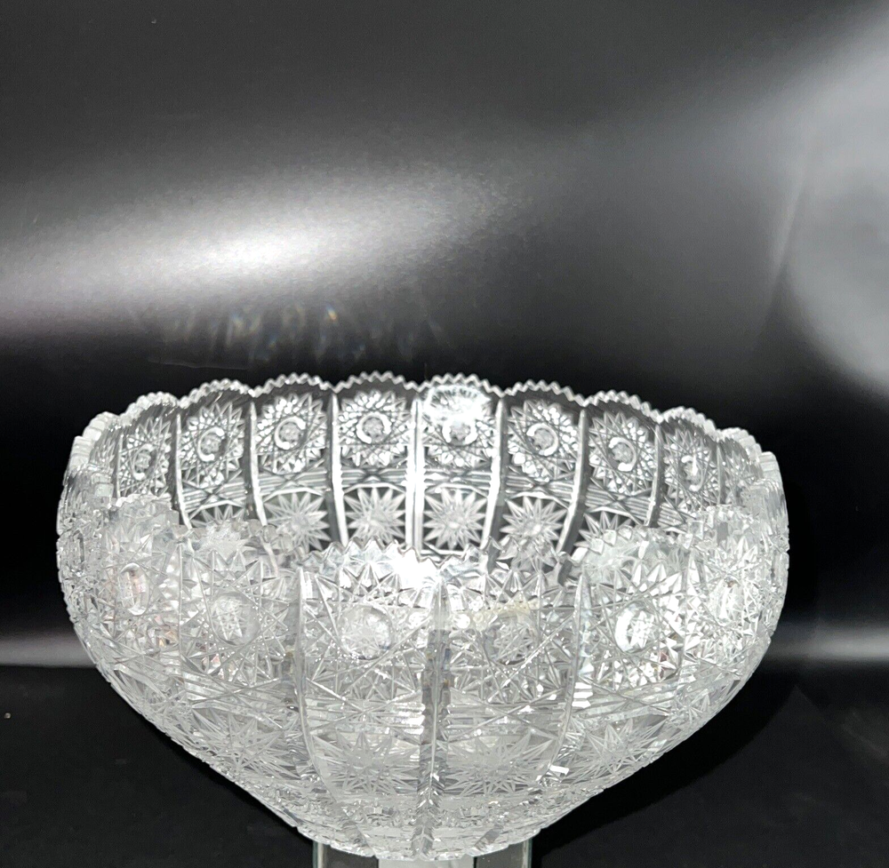 Antique BOHEMIAN CZECH QUEENS LACE Cut Glass Crystal  Bowl  9inches
