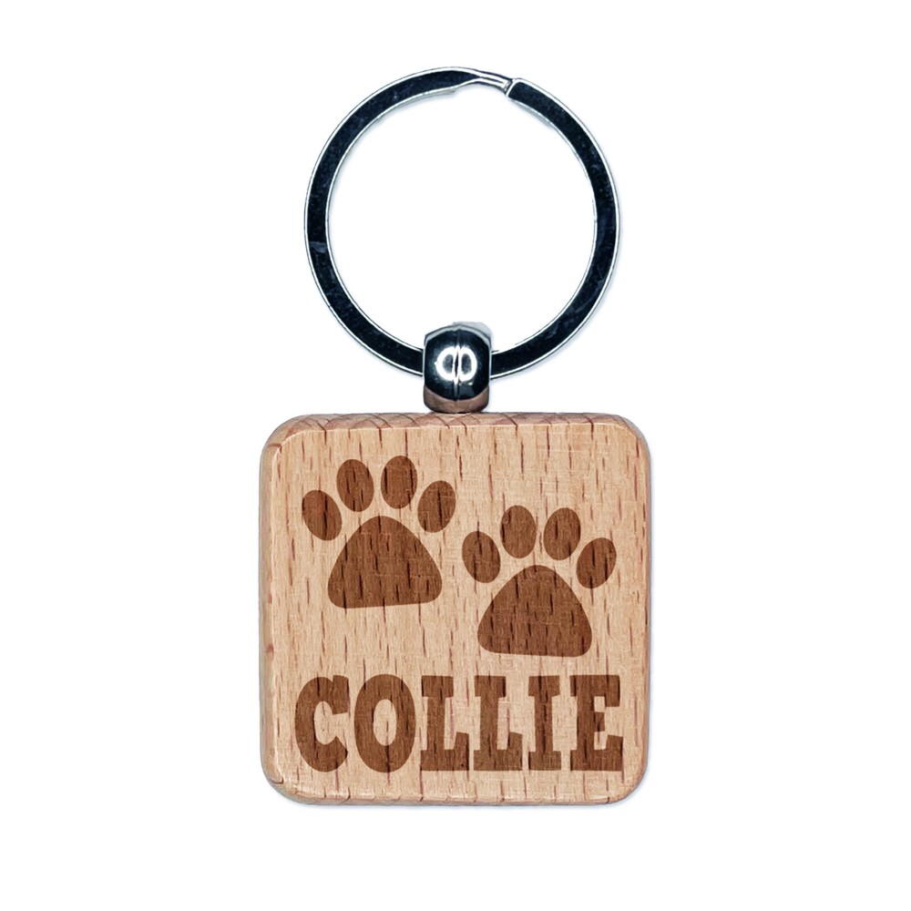 Collie Dog Paw Print Engraved Wooden Square Keychain Charm
