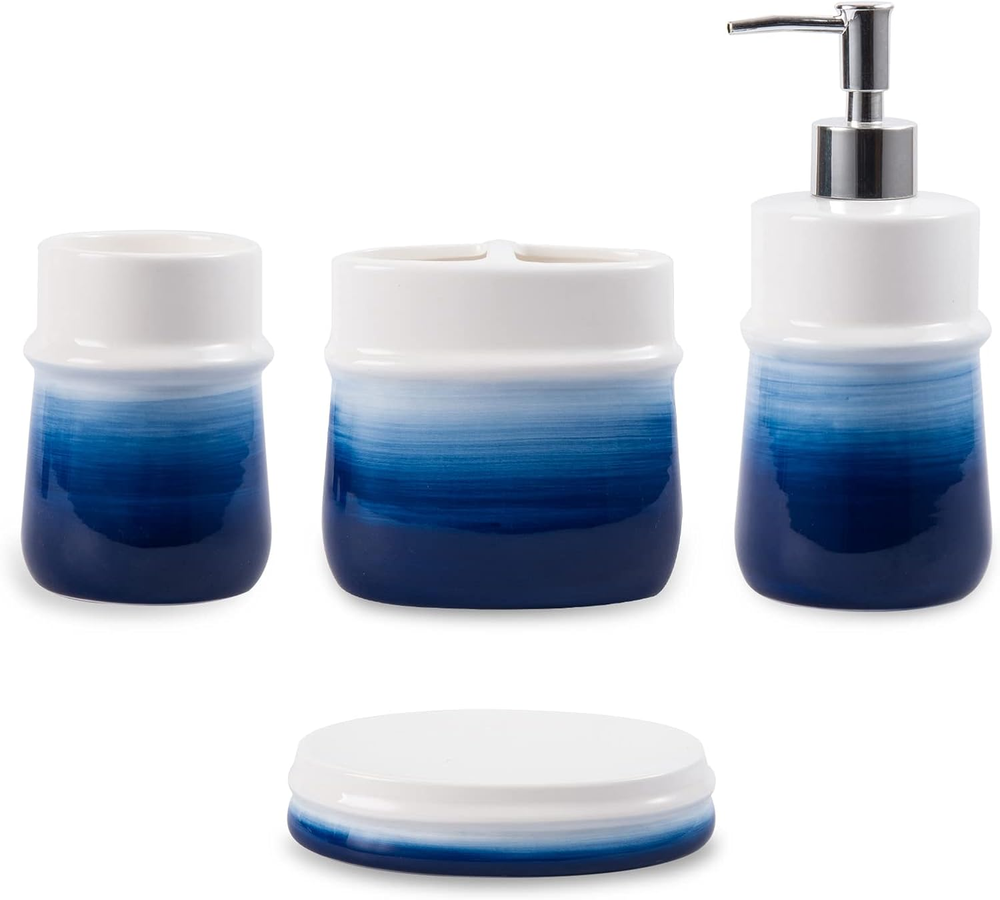 Navy Blue Bathroom Accessories Set, 4-Piece Blue Ceramic Bathroom Decorations Ac