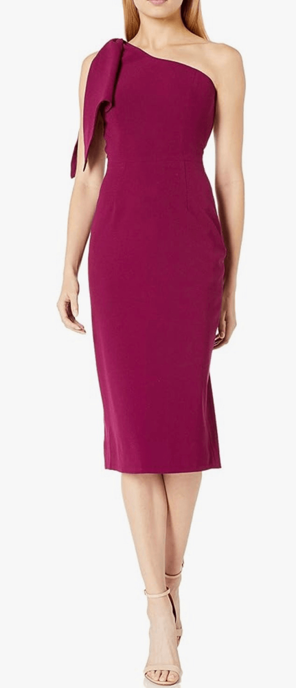 Dress the Population Women's Tiffany One Shoulder Bow Detail Midi Sheath Dress