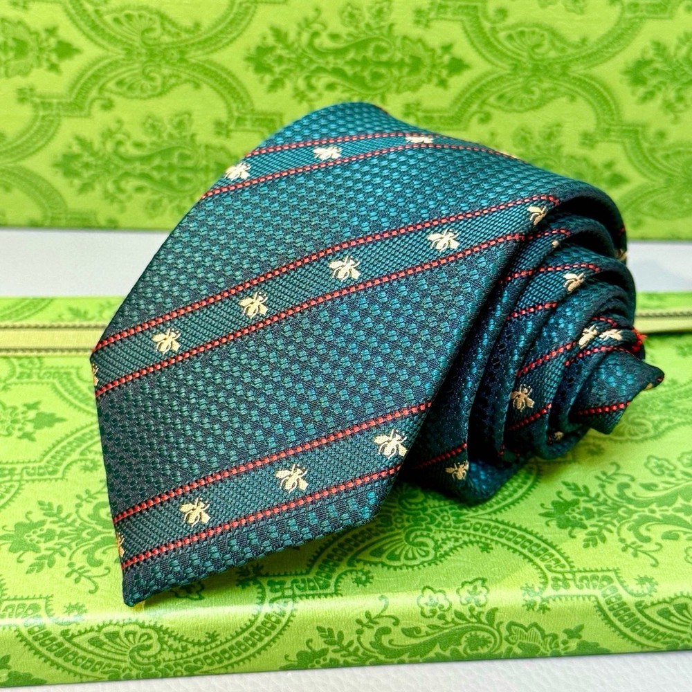 GUCCI Men's Bee Twill Silk Jacquard Green Tie