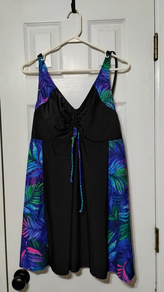 Black Blue Purple Floral Swimdress 3XL Adjustable Straps Polyester Women's