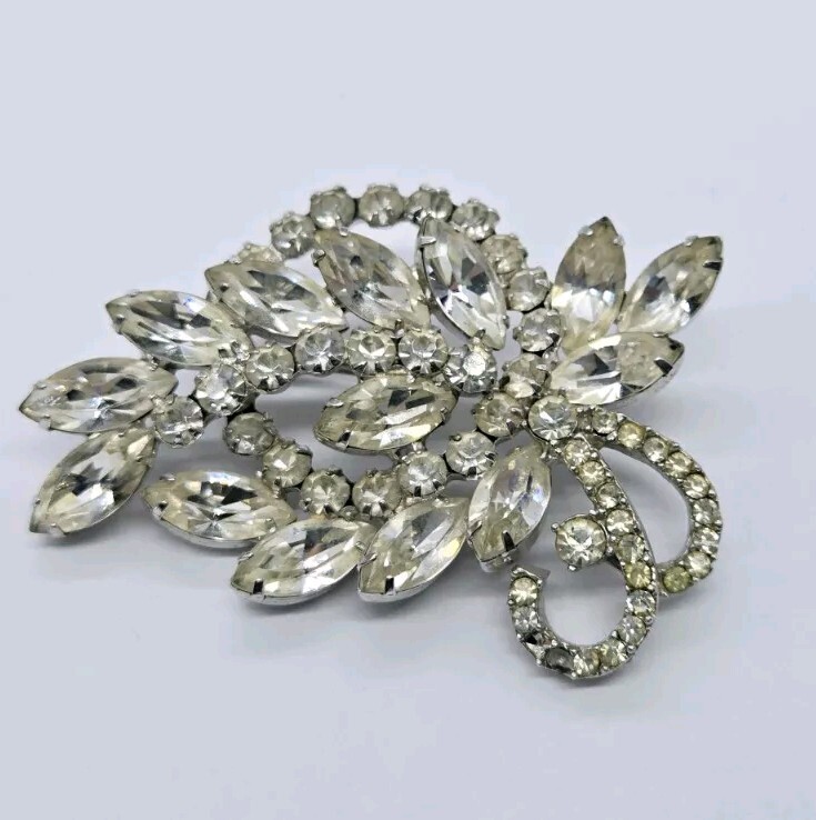 Vintage Art Deco 3D Flower Spray Brooch with White Crystals Silver Tone Rare