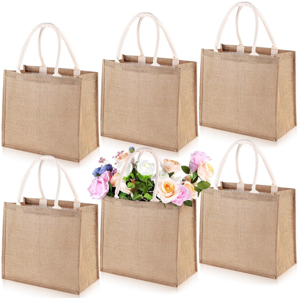 6 Pcs Large Jute Burlap Gift Bags Jute Beach Bags Gift Bags with Laminated In...