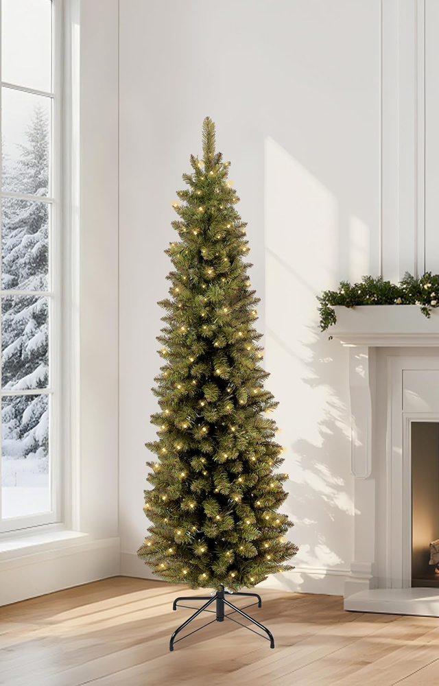 4.5Ft Pre-Lit Fir Pencil Christmas Tree, Green Classic Artificial Slim Skinny Ch