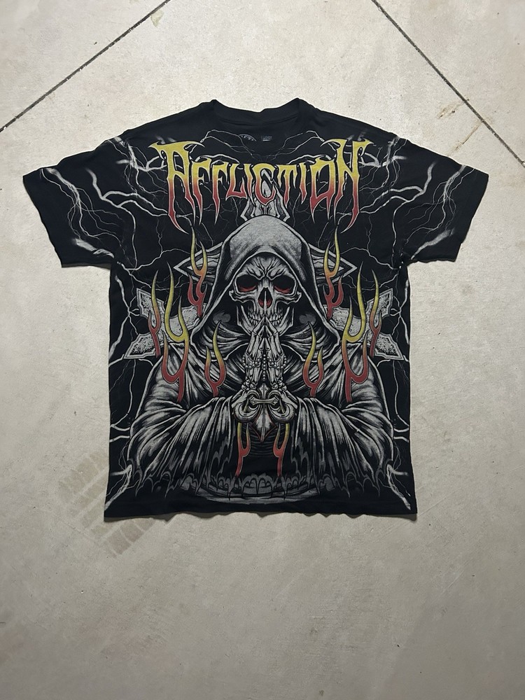 Vintage Affliction Grim Reaper Shirt Size L Lightning All Over AOP Emo Goth Y2K