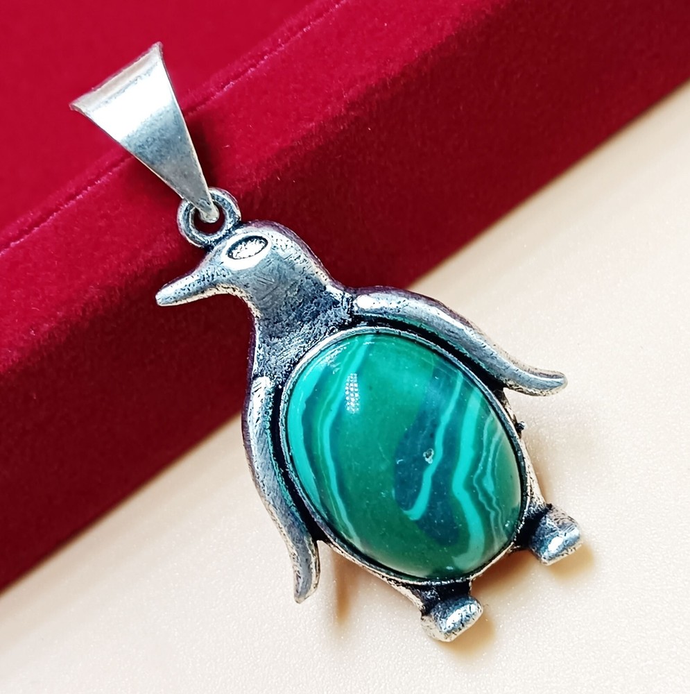 Christmas Sale Malachite Gemstone 925 Sterling Silver Plated Penguin 1PC Pendant-image