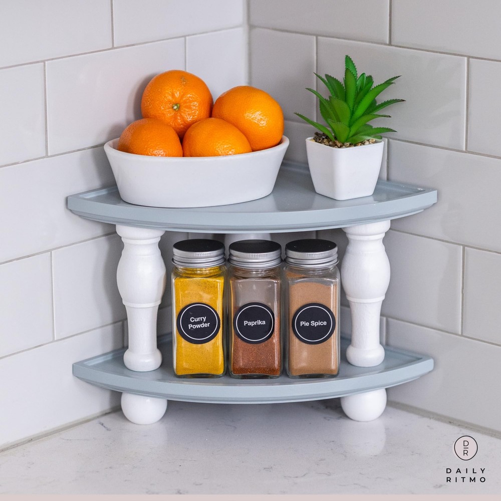 Corner Counter Wood Shelf | Grey White Stackable Countertop Bathroom Organize...
