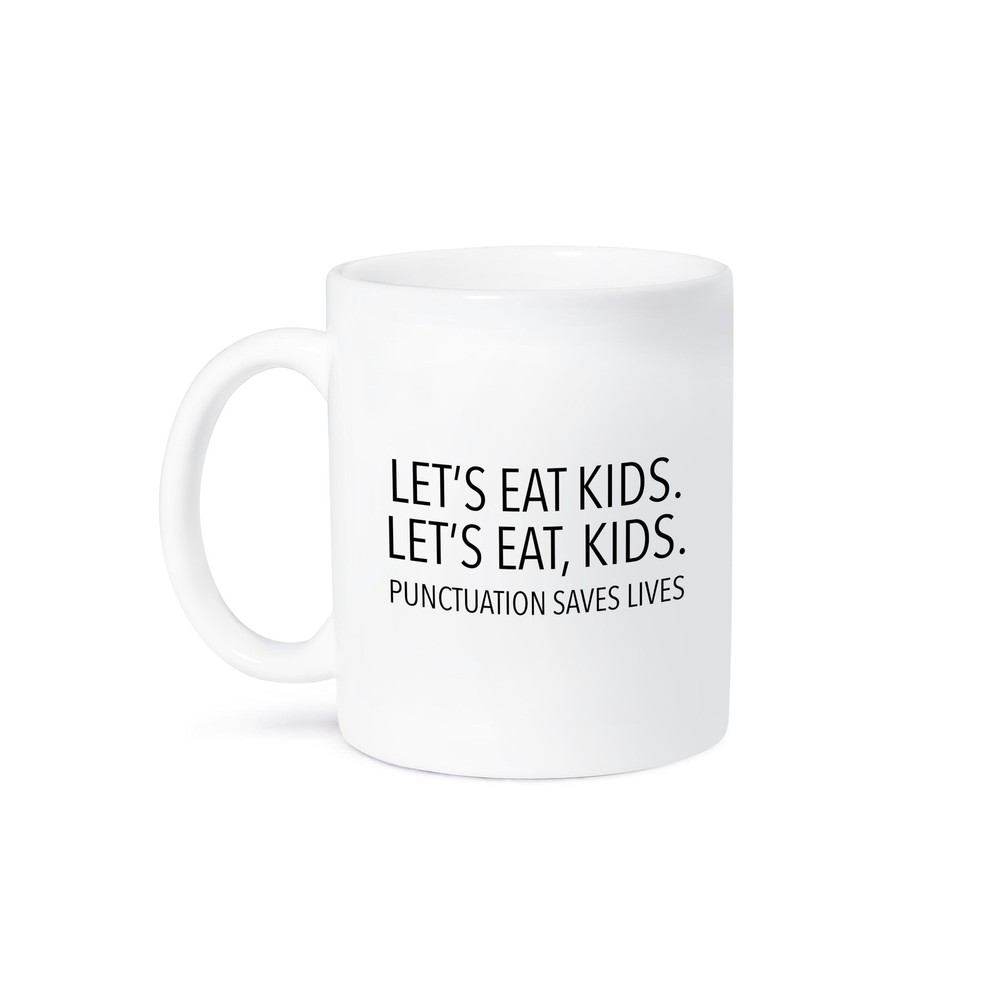 3dRose, Lets Eat Kids Punctuation Saves Lives Black, Mug