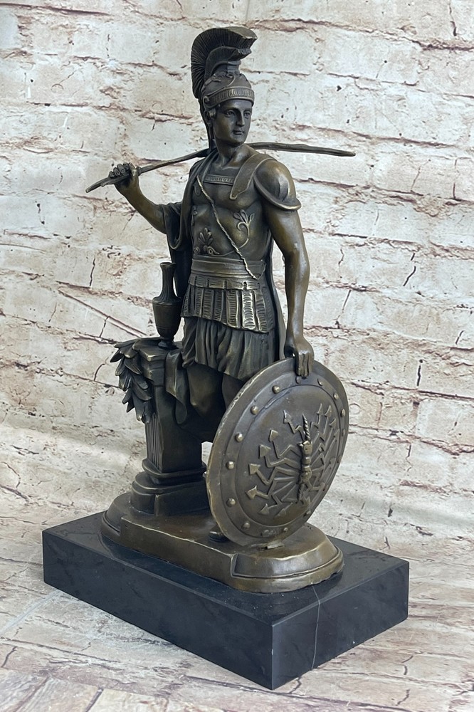 Roman Warrior Soldier Bronze Marble Statue with Spear and Shield Military Art Gift