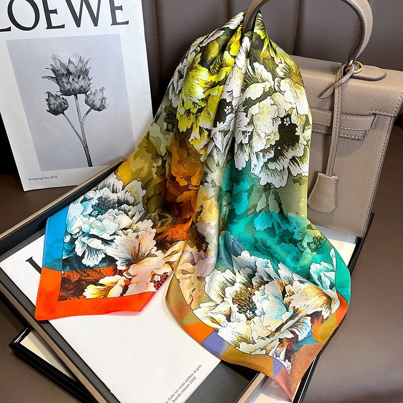 100% Pure Silk 27-Inch Floral Scarf for Women Colorful Square Bandana Kerchief