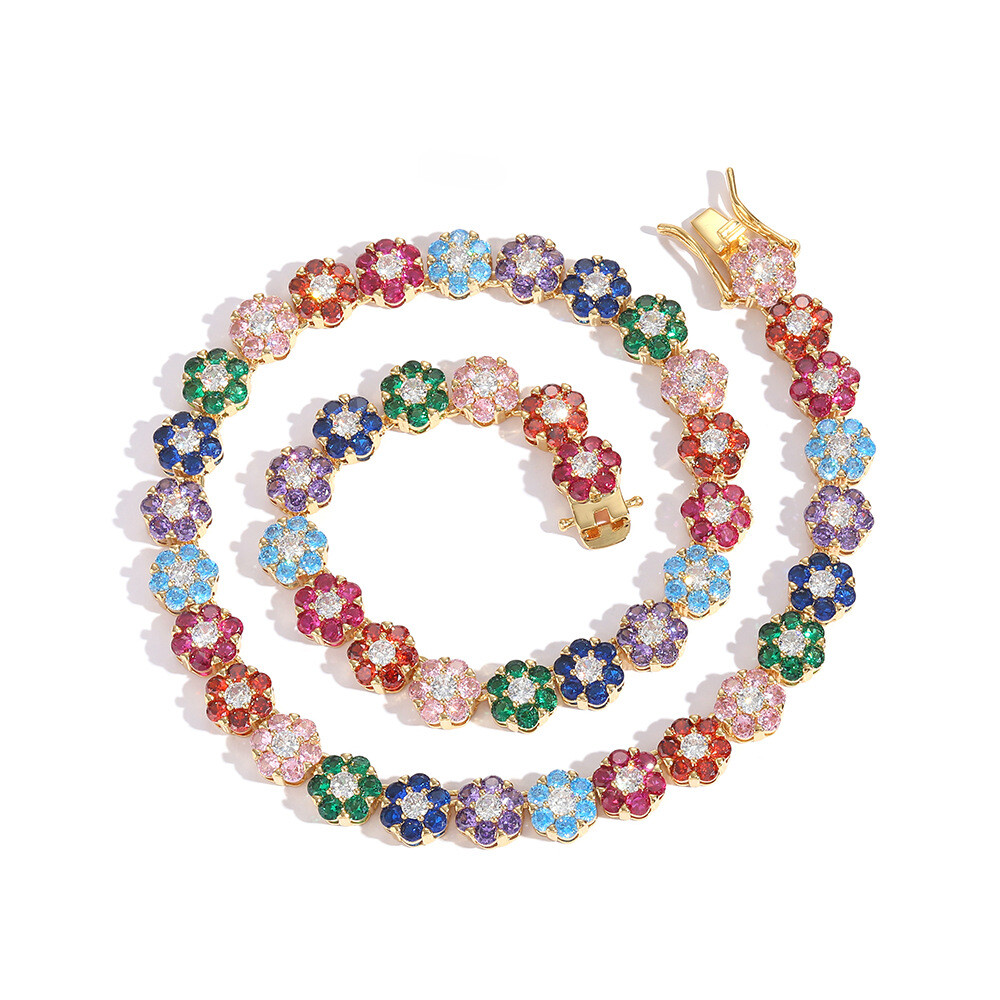 Colorful Flower Tennis Chain Necklace and Bracelet Set for Men and Women