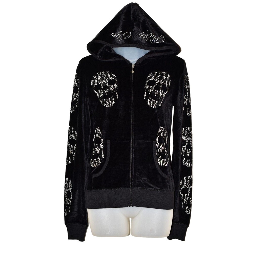 PHILIPP PLEIN Small Crystal Skull Black Velour Zip Hooded Track Jacket Halloween