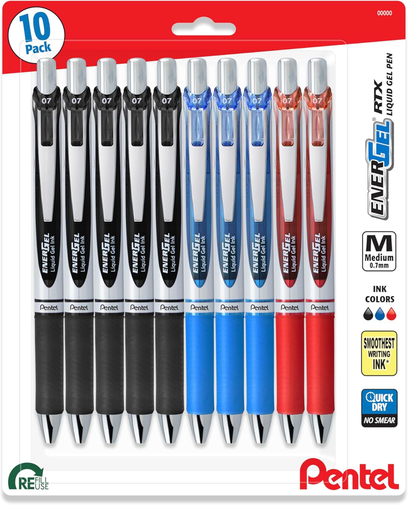 Pentel Energel RTX Gel Ink Pens - 10 Pack, 0.7mm, 5 Black, 3 Blue, 2 Red