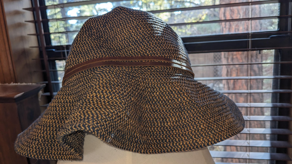 Goorin Bros Woven Straw Cloche Bucket Hat Womens Tan/Blue Brown Leather Trim L