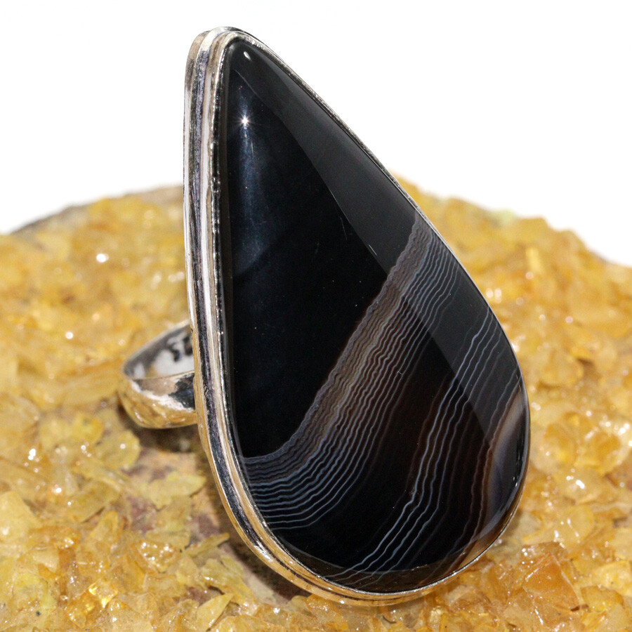 Banded Black Onyx 925 Silver Plated Gemstone Ring US 7 Handcrafted Gift JW