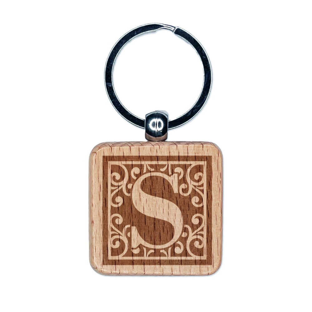 Monogram Swirls Capital Letter S Engraved Wood Square Keychain Tag Charm