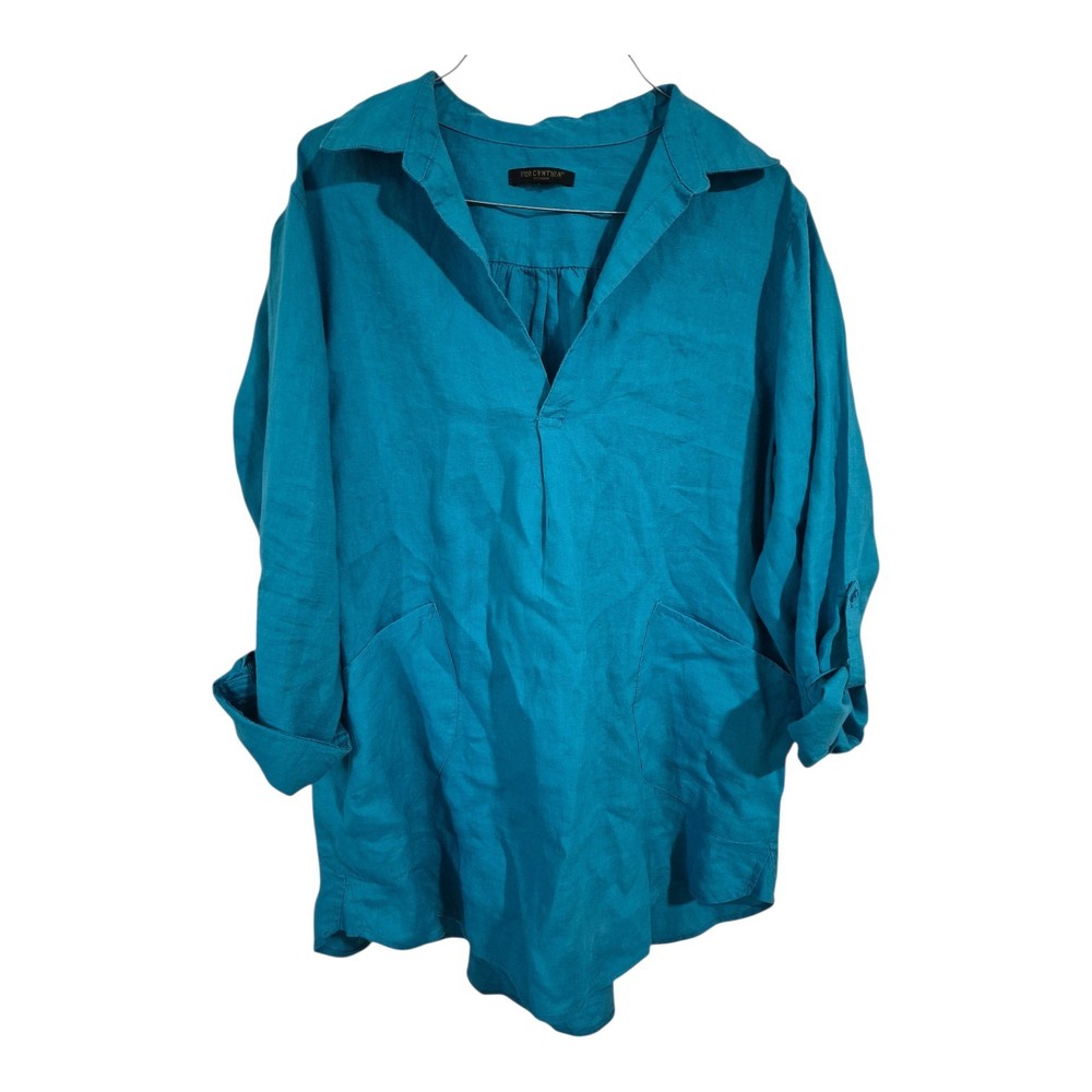 For Cynthia Blue Lagenlook L Linen Coastal Top Capsule Boho Oversized Vacation