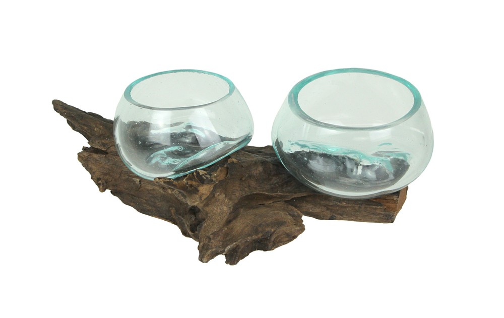 Molten Glass On Coffee Wood Root Double Decorative Bowl Vase Plant Terrarium