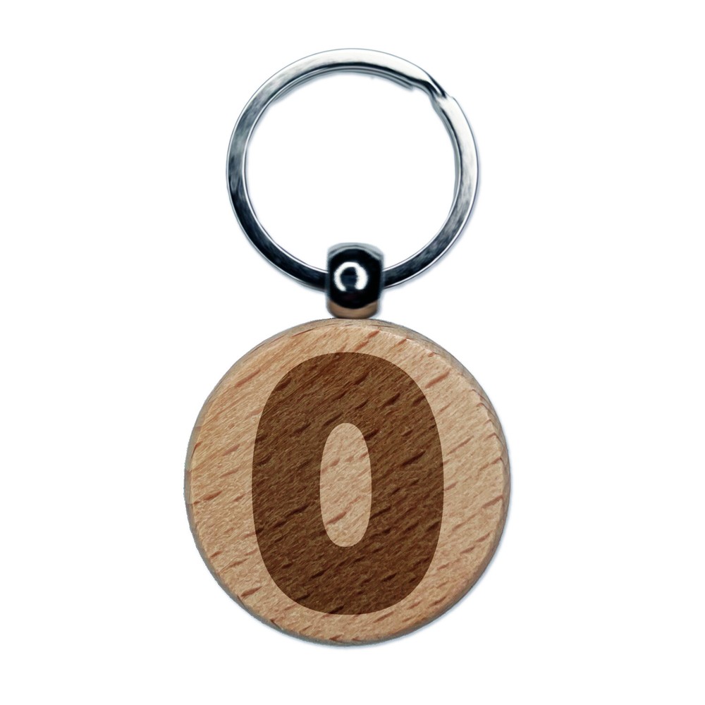 Number 0 Zero Fun Bold Font Engraved Wood Round Keychain Tag Charm