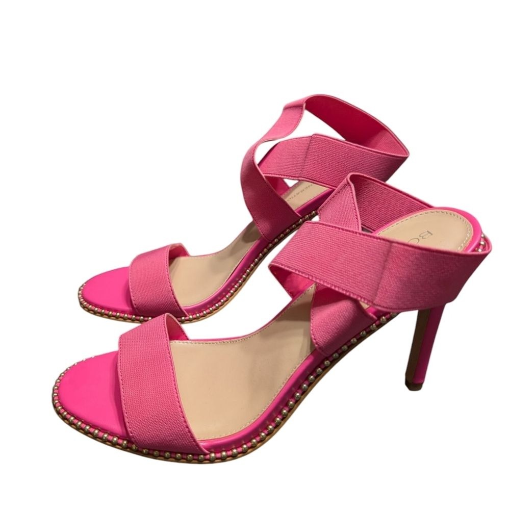 BCBGeneration Jessai Elegant Pink Twist Strap Ankle Open Toe Studded Heels 8M