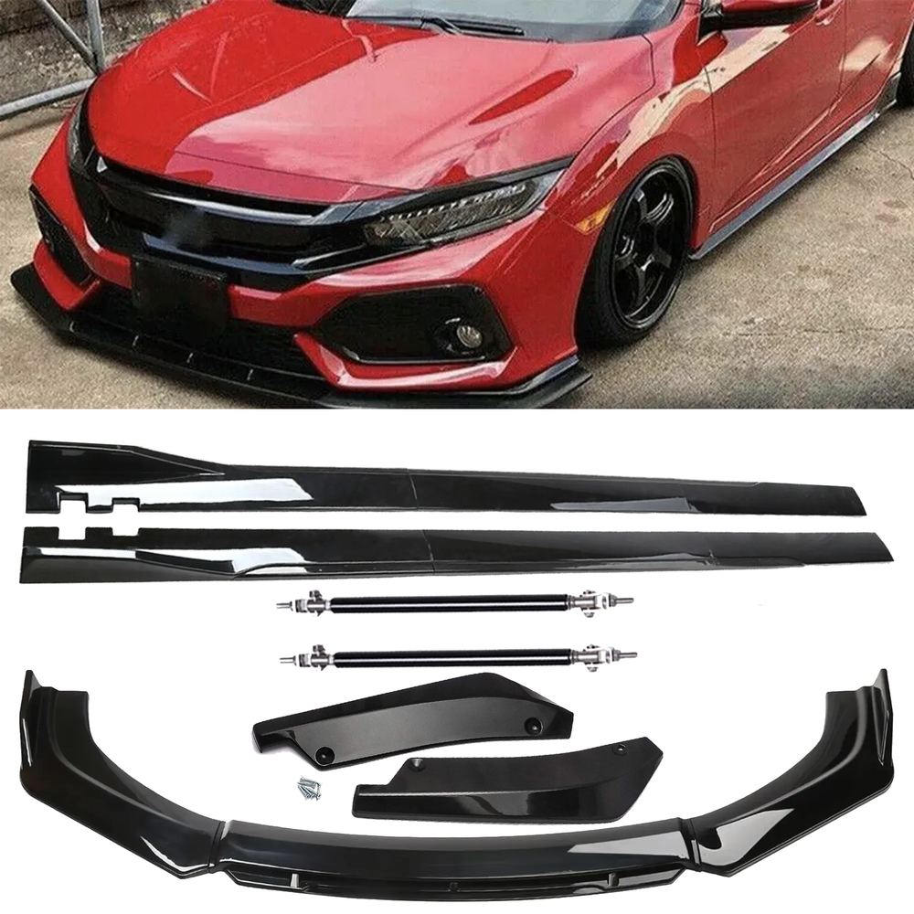 Front Bumper Lip Chin Spoiler Splitter Side Skirt Rear Rod For Honda Civic