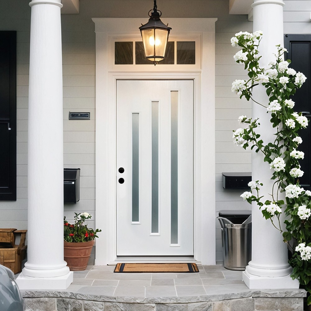 36x80 Frosted Glass Fiberglass Entry Door RH Inswing with Vinyl Frame