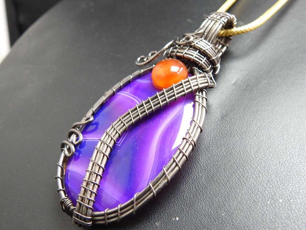 Purple Strip Agate Brass Pendant Silver Oxidised Polished Wire Wrapped Jewelry