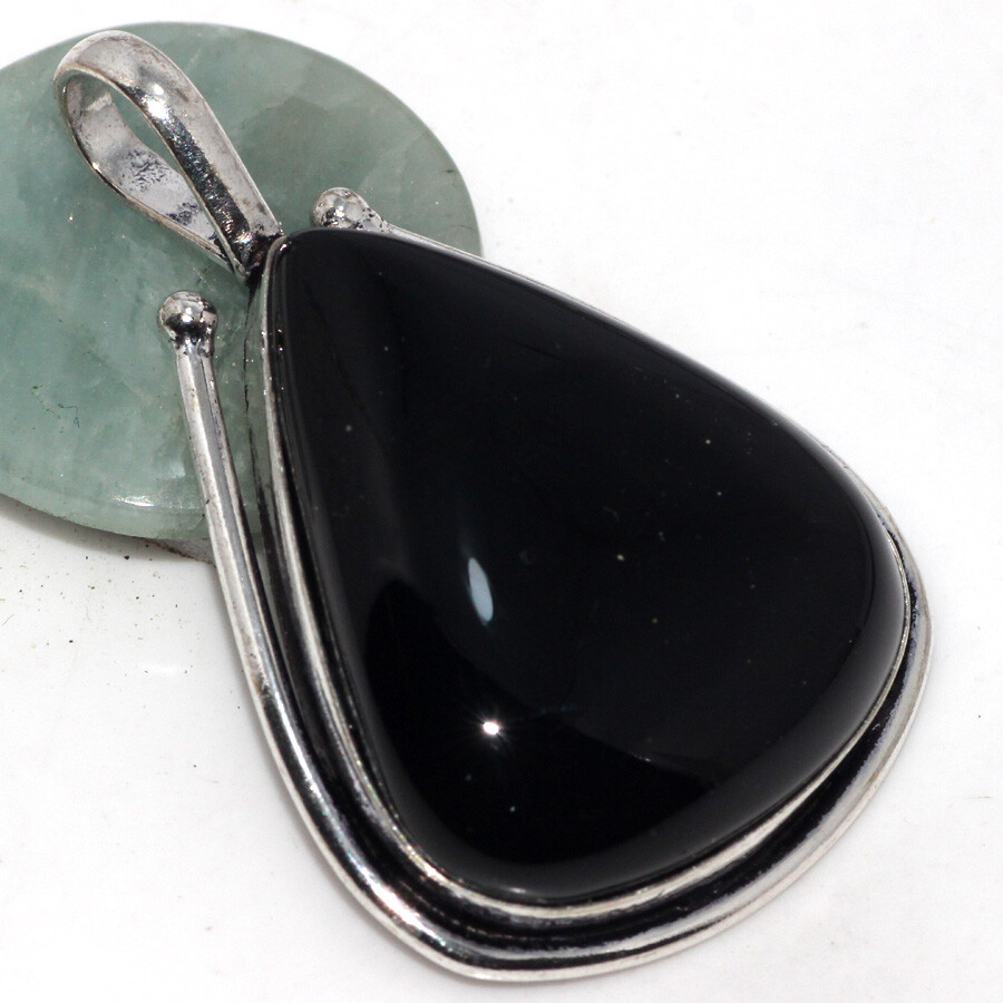 925 Silver Plated Black Onyx Ethnic Pendant Handmade Jewelry Size 2