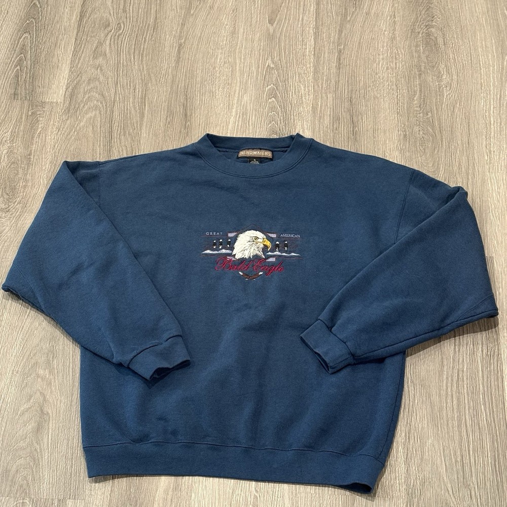 VTG 90s Great American Bald Eagle Blue Sweatshirt By Headwaters Embroidery Sz XL