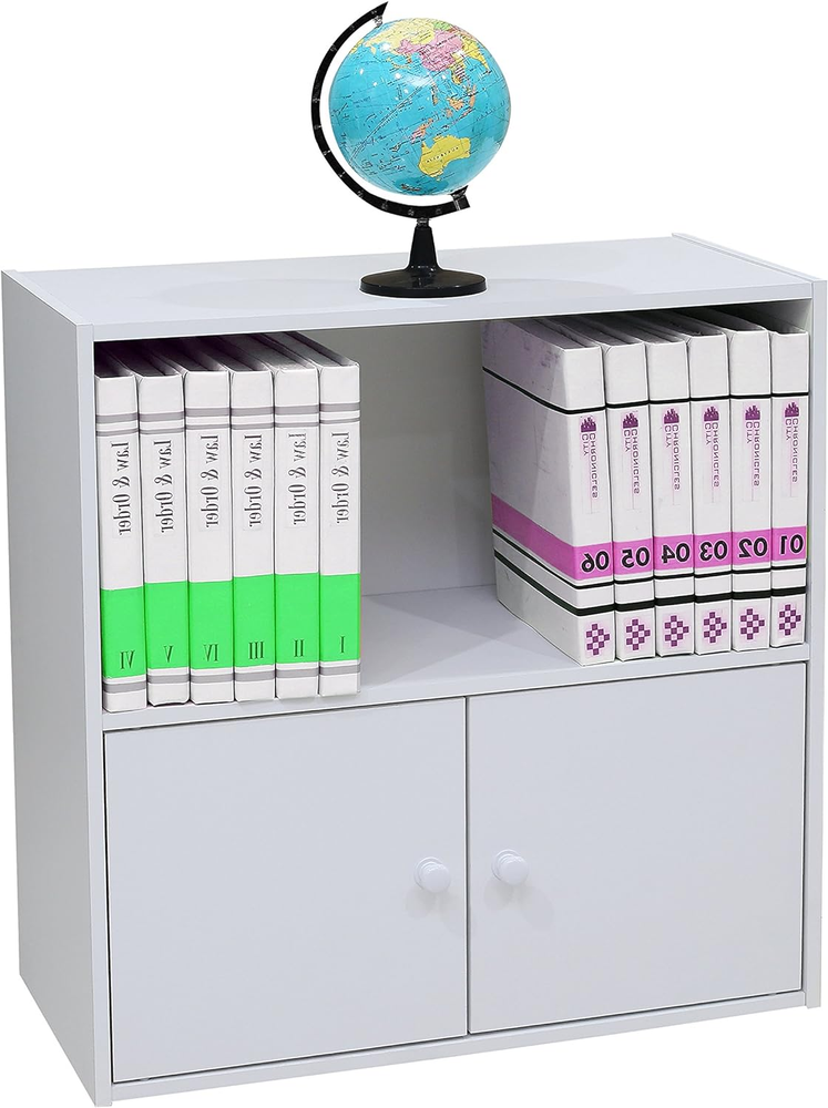 - 2 Door Storage Bookcase with Open Shelf, White