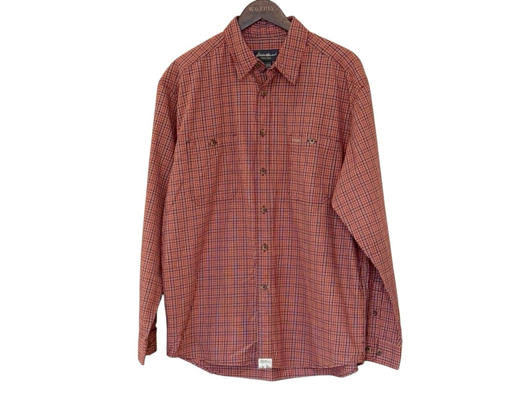 Eddie Bauer Men's Orange Burgundy Plaid Check Button Down Shirt Size Large NWT