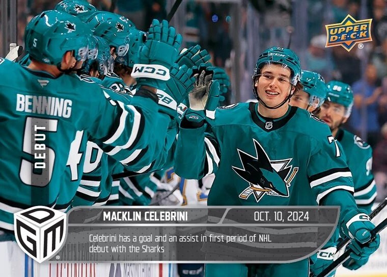 PRESALE - 24-25 Upper Deck Game Dated Moments #5 Macklin Celebrini Debut RC/1199-image