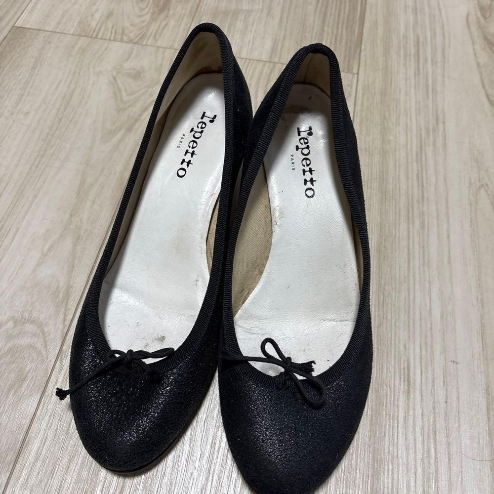Rare Repetto Black Leather Round Toe Ballet Flats Shoes Women's Size 38 EU